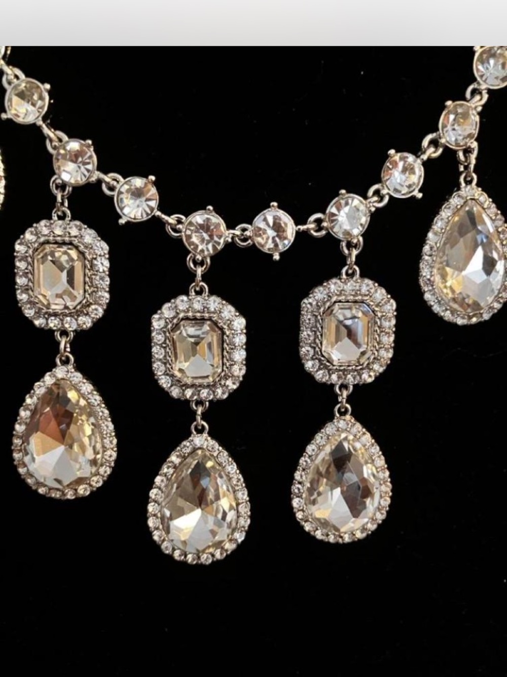 Clear Crystal Teardrop Statement Necklace - Silver Tone - Picture 4 of 5